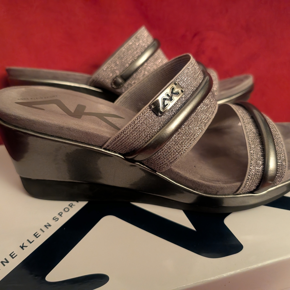 Anne Klein Metallic Gray Wedge Sandals - Picture 3 of 4